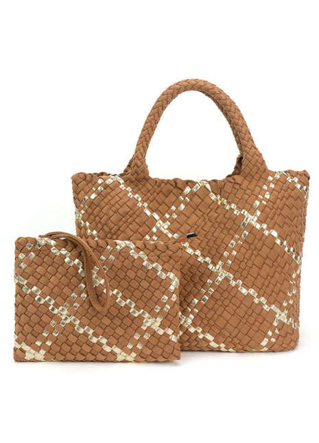 The Charli | Almond Gold Large Woven Neoprene Tote with Wristlet