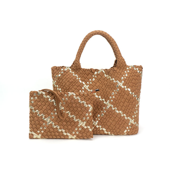 The Charli | Almond Gold Large Woven Neoprene Tote with Wristlet
