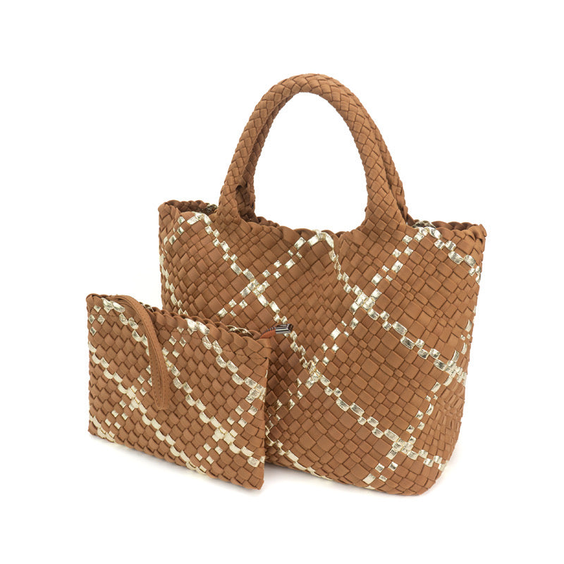 The Charli | Almond Gold Large Woven Neoprene Tote with Wristlet Bags Babs+Birdie