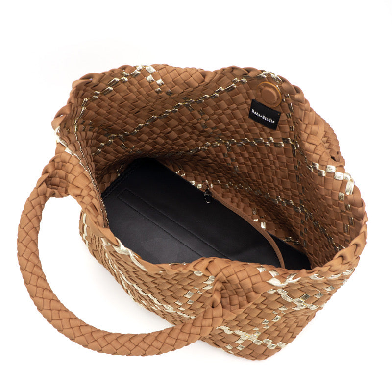 The Charli | Almond Gold Large Woven Neoprene Tote with Wristlet Bags Babs+Birdie