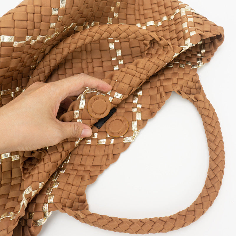 The Charli | Almond Gold Large Woven Neoprene Tote with Wristlet Bags Babs+Birdie