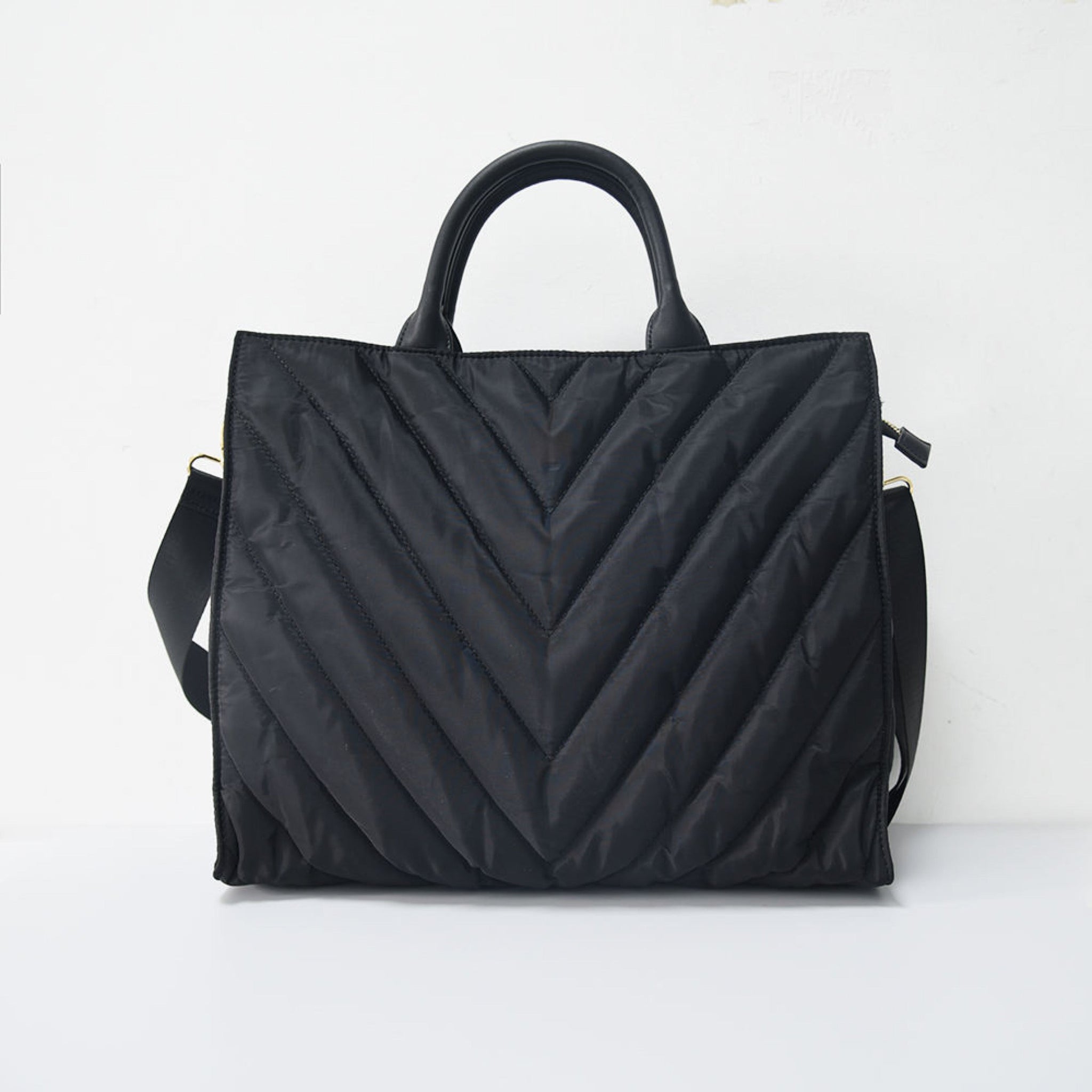 The Carmen | Chevron Stripe Large Puffer Tote Black Bags Babs+Birdie