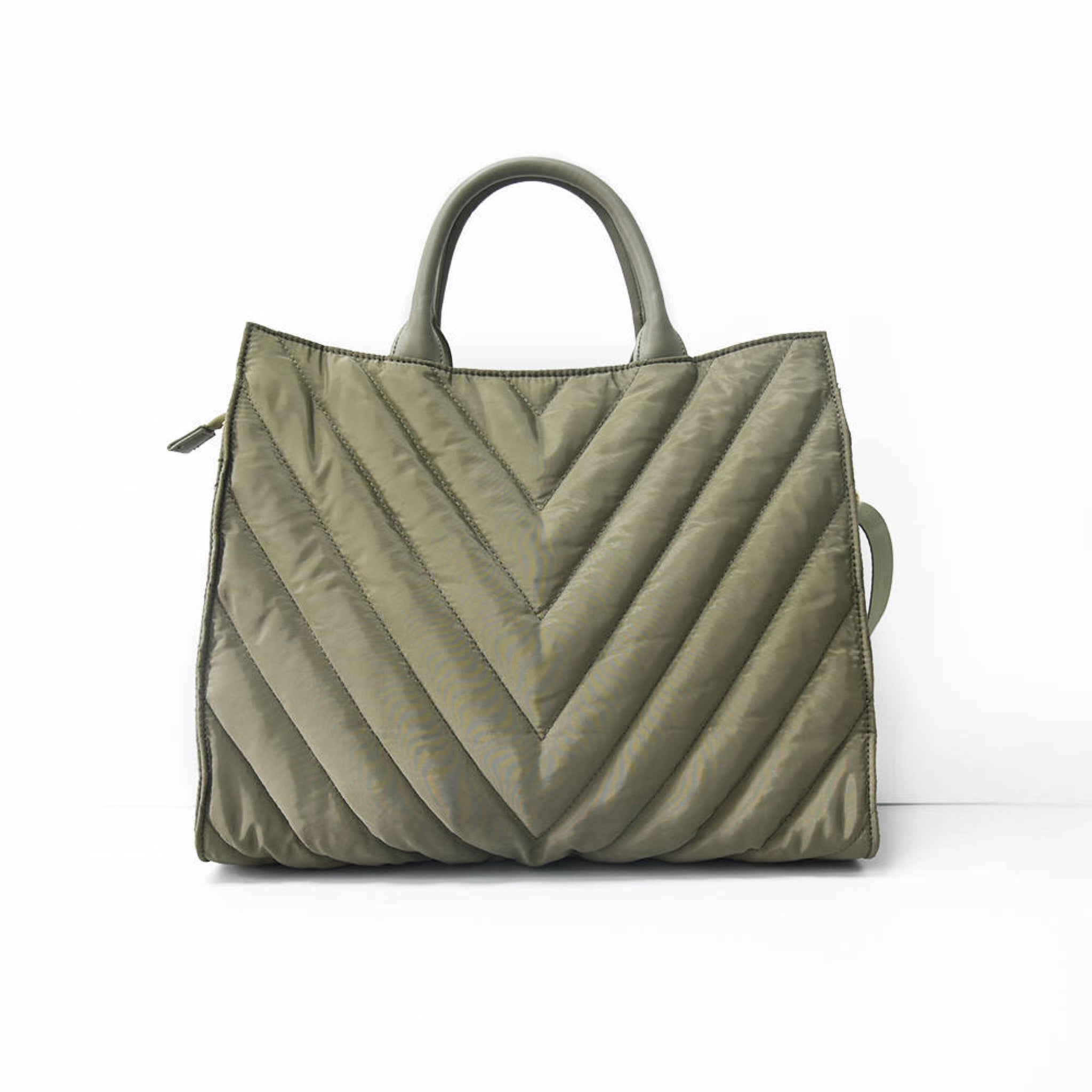 The Carmen | Chevron Stripe Large Puffer Tote Olive Bags Babs+Birdie