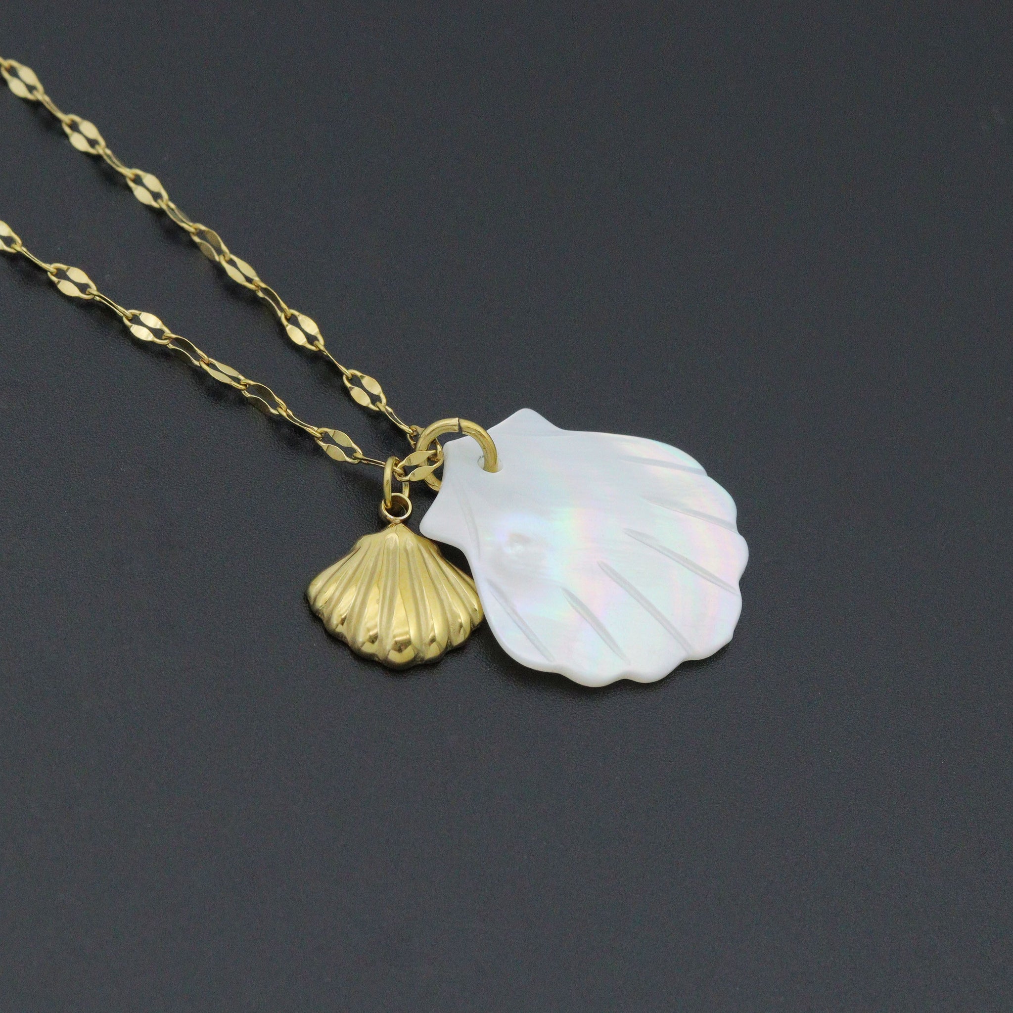 Mother of Pearl Shell Pendant Gold Dainty Link Adjustable Necklace , Sku#BXG17