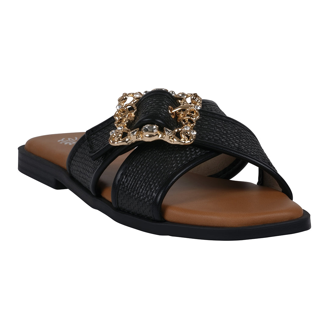 Ivy Black Woven Flat Sandals Black Flat Sandals GC Shoes