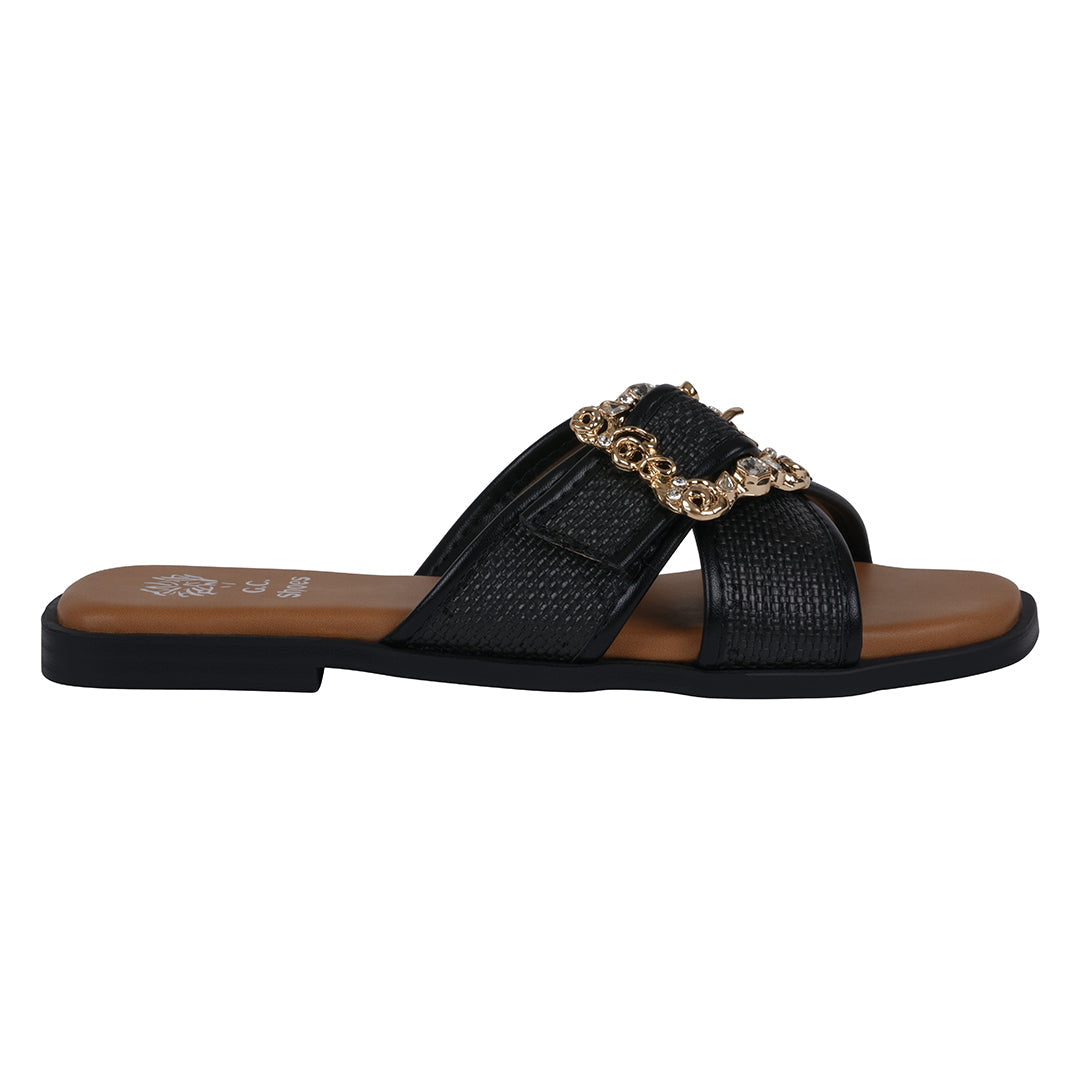 Ivy Black Woven Flat Sandals Flat Sandals GC Shoes