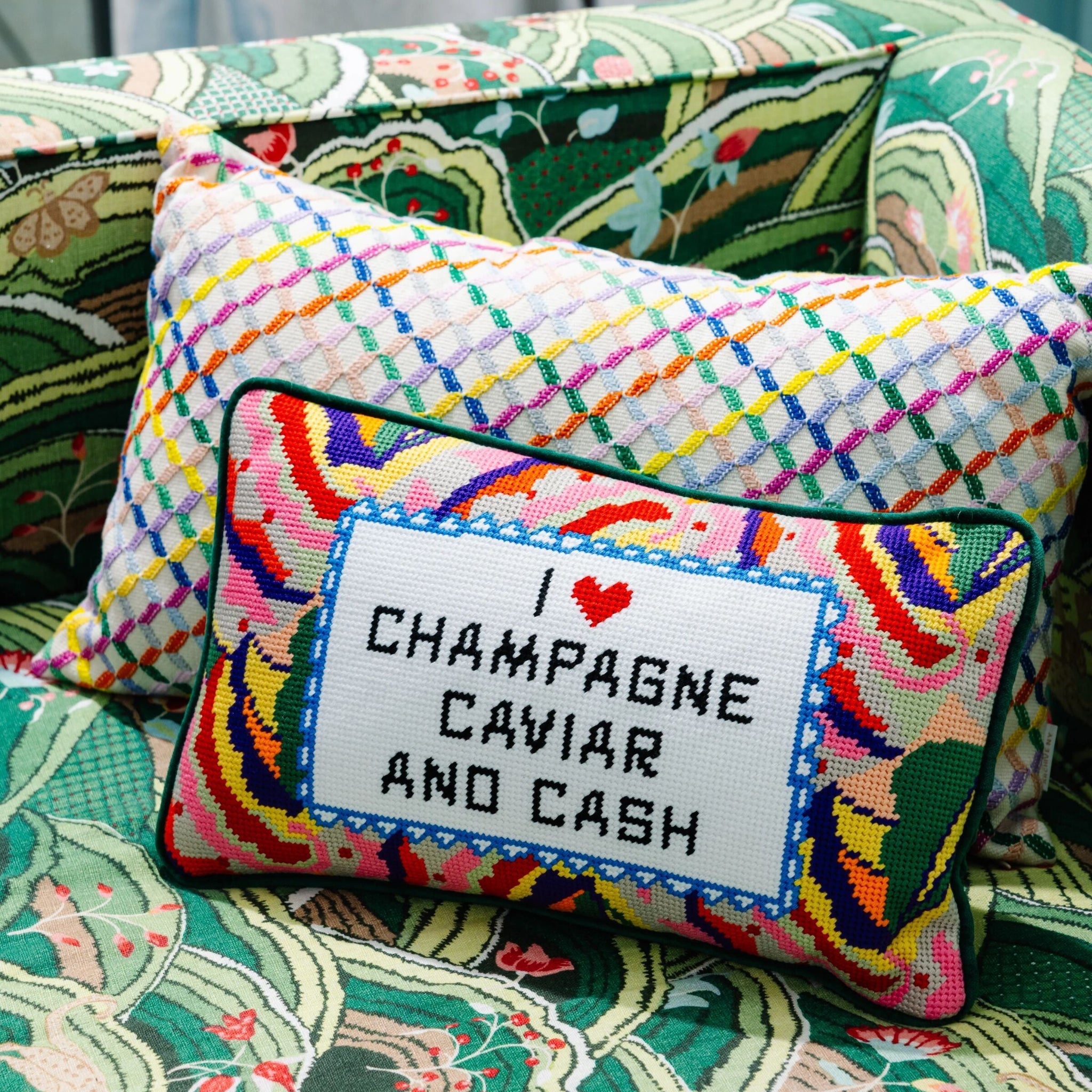 Caviar and Cash Needlepoint Pillow Needlepoint Furbish Studio