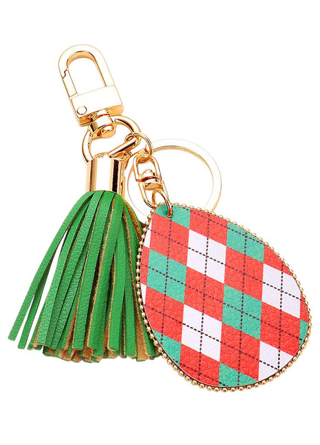 Argyle Check Print Faux Leather Teardrop Tassel Keychain / Bag Charm