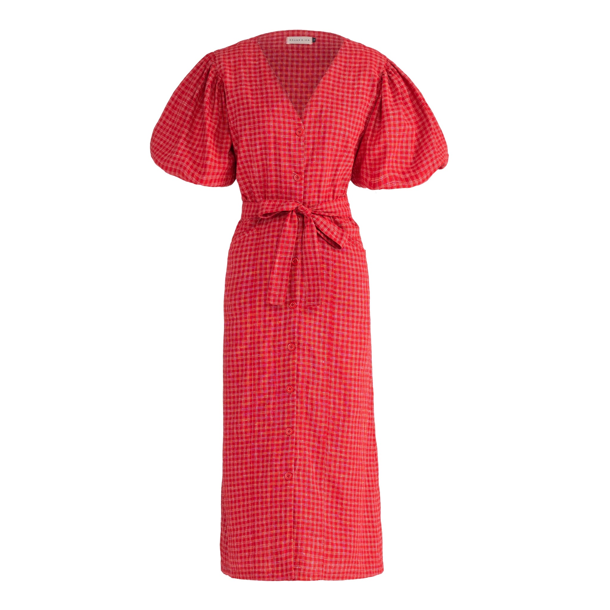 MEGHAN Gingham Hemp Midi Dress In Scarlet Red Dress BrunnaCo
