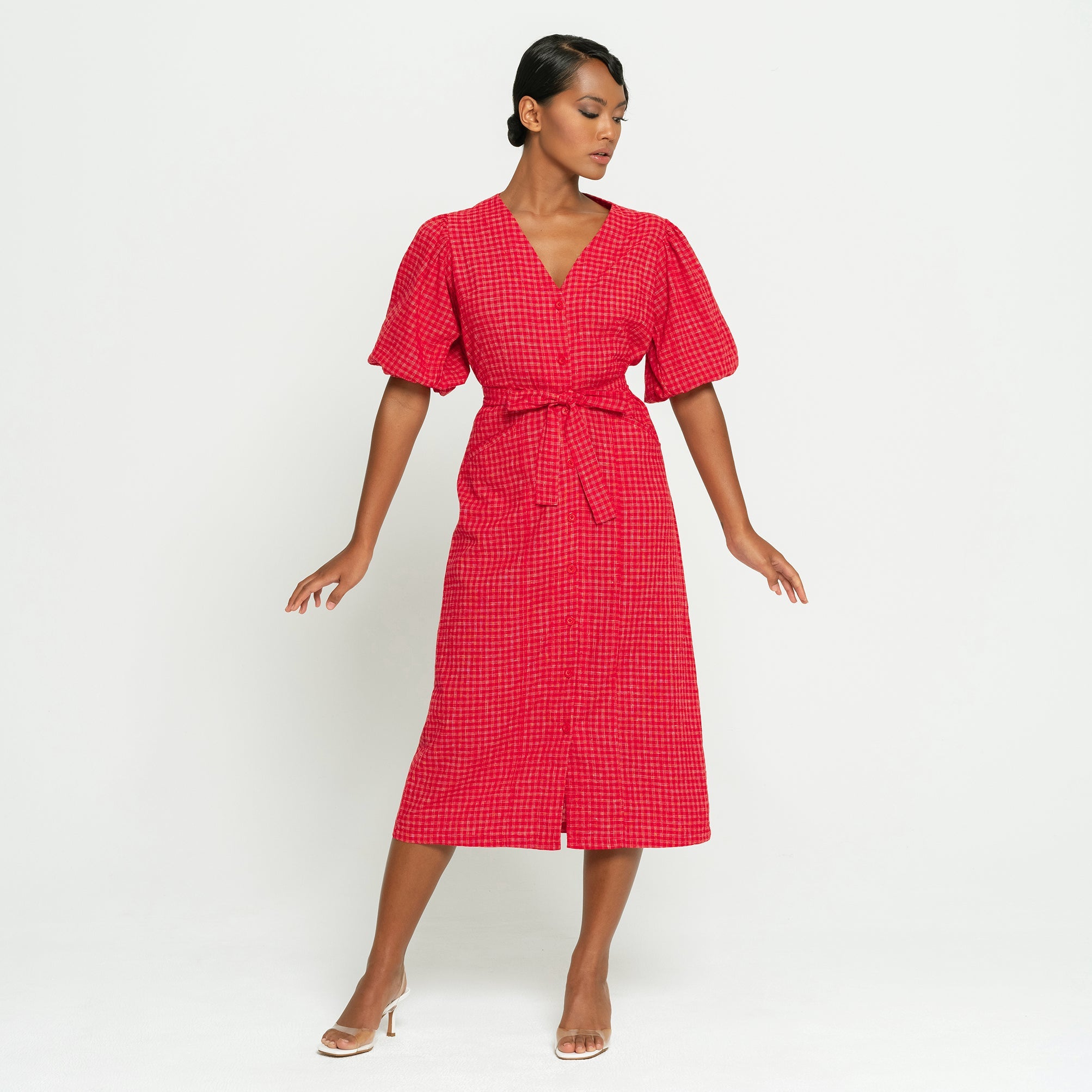MEGHAN Gingham Hemp Midi Dress In Scarlet Red Medium Dress BrunnaCo