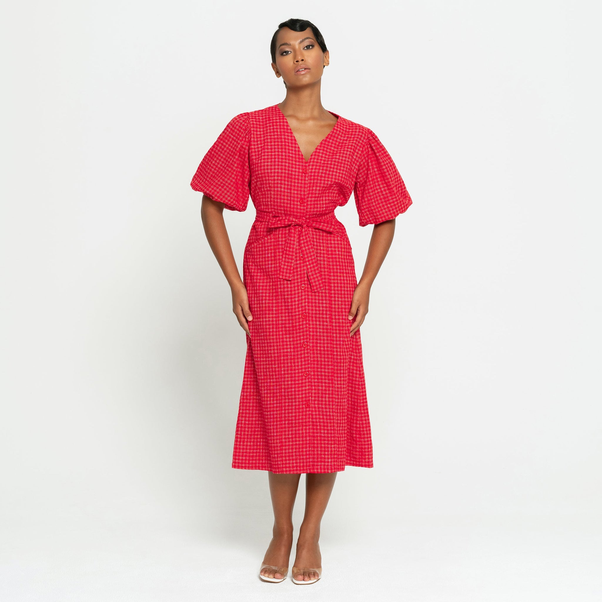 MEGHAN Gingham Hemp Midi Dress In Scarlet Red Dress BrunnaCo