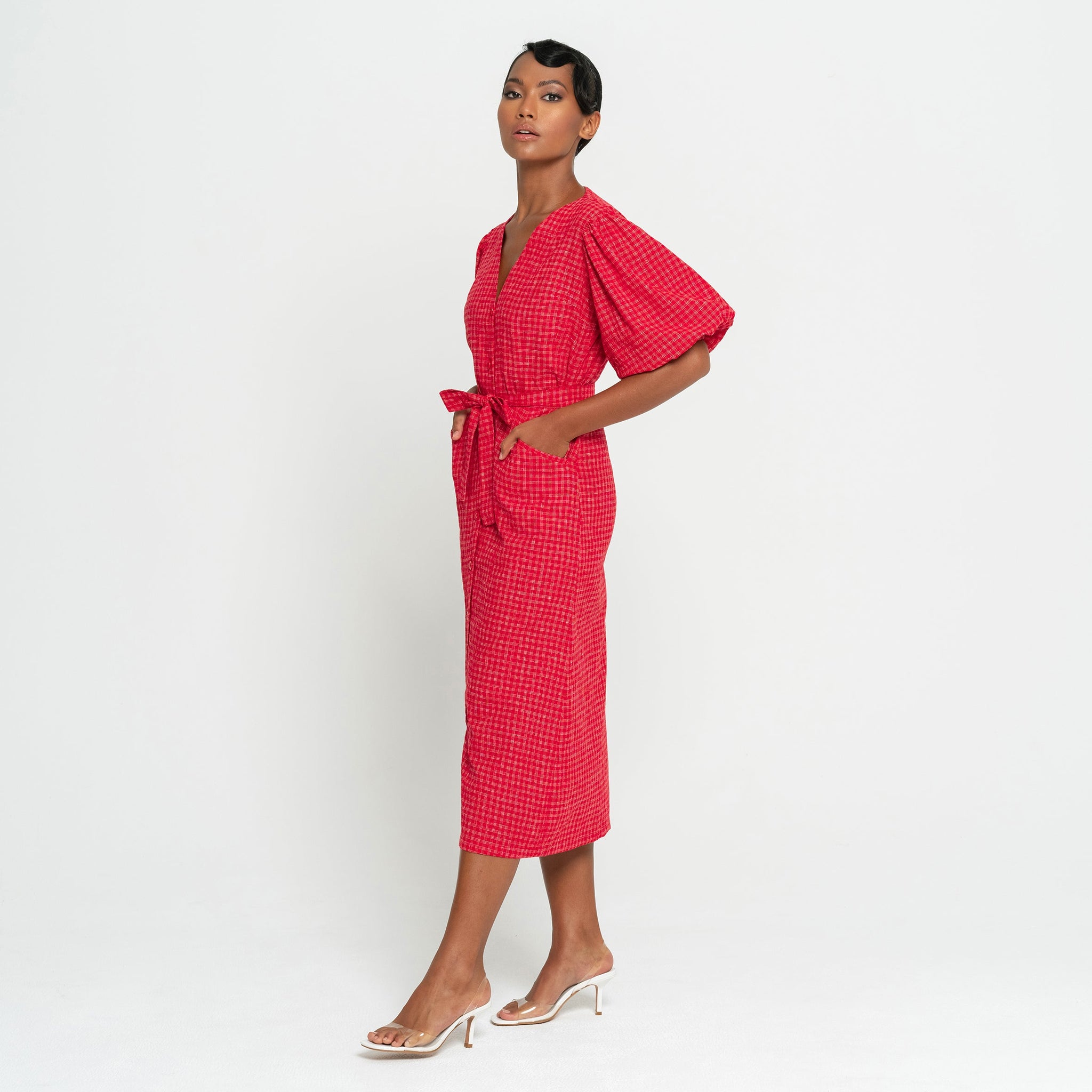 MEGHAN Gingham Hemp Midi Dress In Scarlet Red Large Dress BrunnaCo
