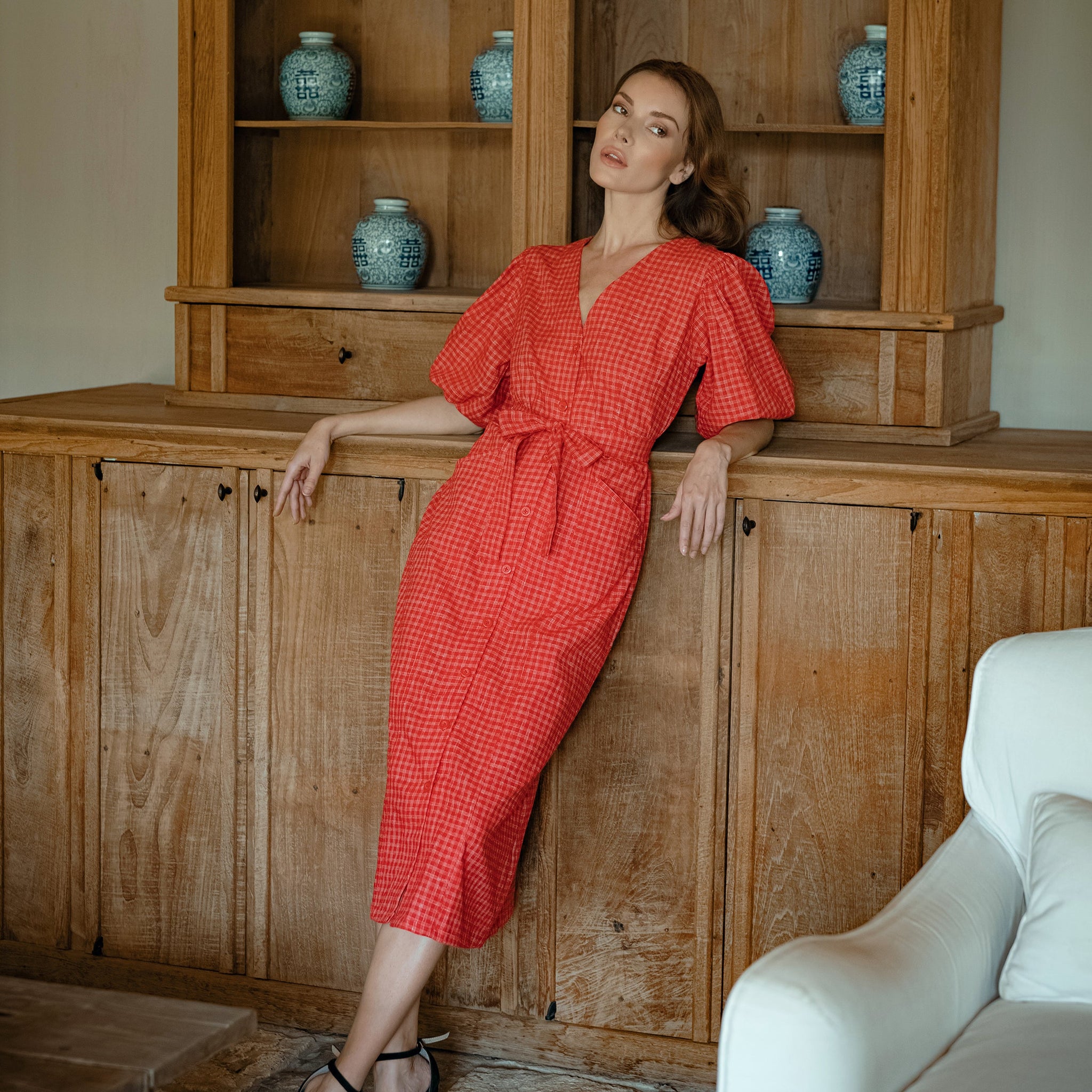 MEGHAN Gingham Hemp Midi Dress In Scarlet Red Small Dress BrunnaCo
