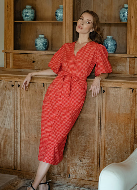 MEGHAN Gingham Hemp Midi Dress In Scarlet Red Small Dress BrunnaCo