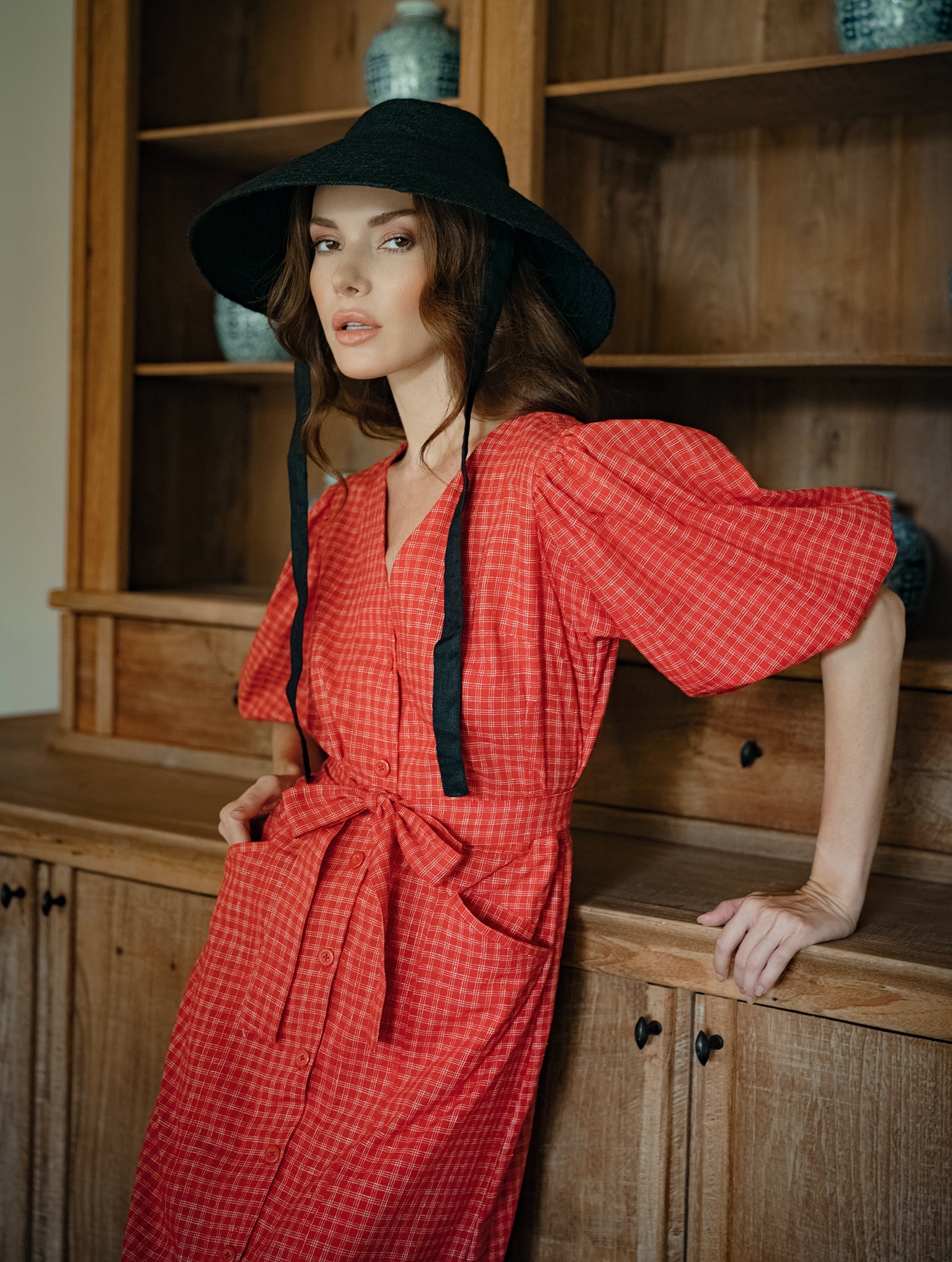 MEGHAN Gingham Hemp Midi Dress In Scarlet Red Dress BrunnaCo