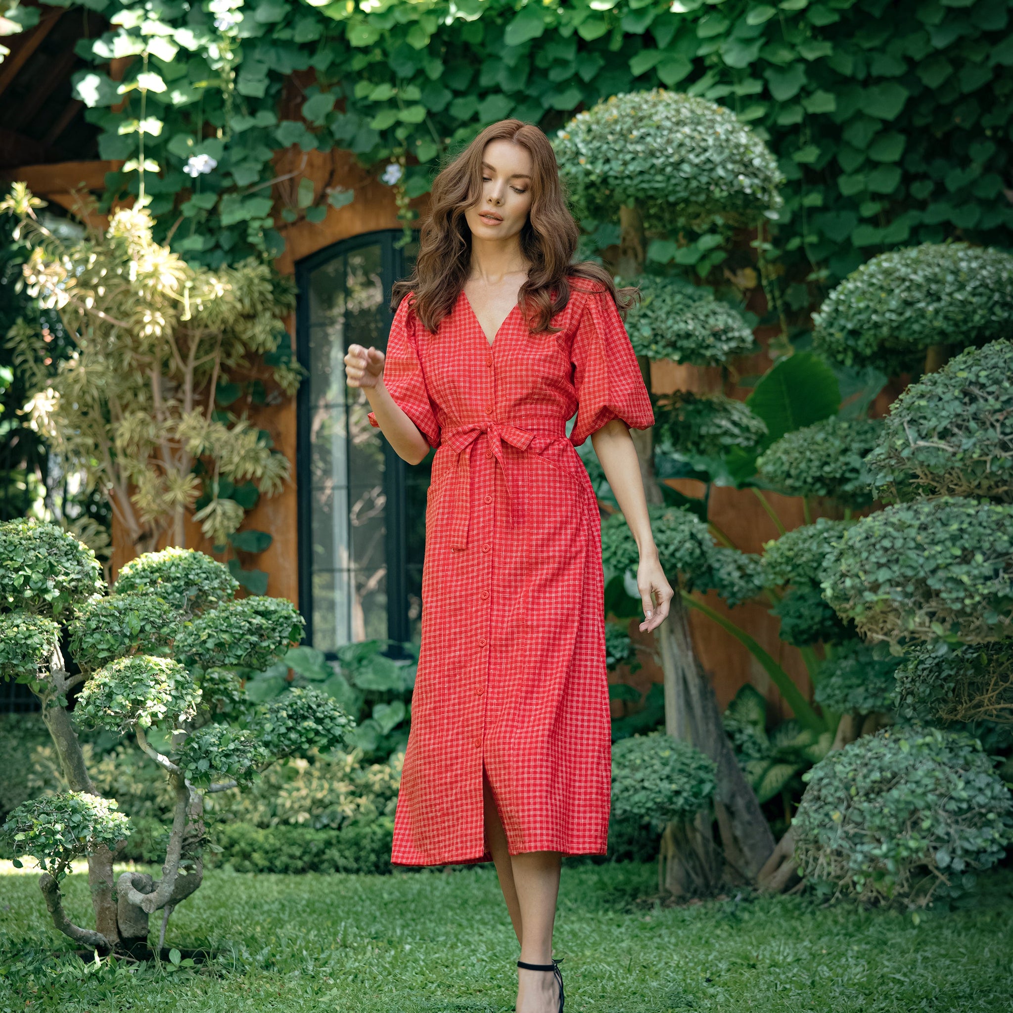MEGHAN Gingham Hemp Midi Dress In Scarlet Red Dress BrunnaCo