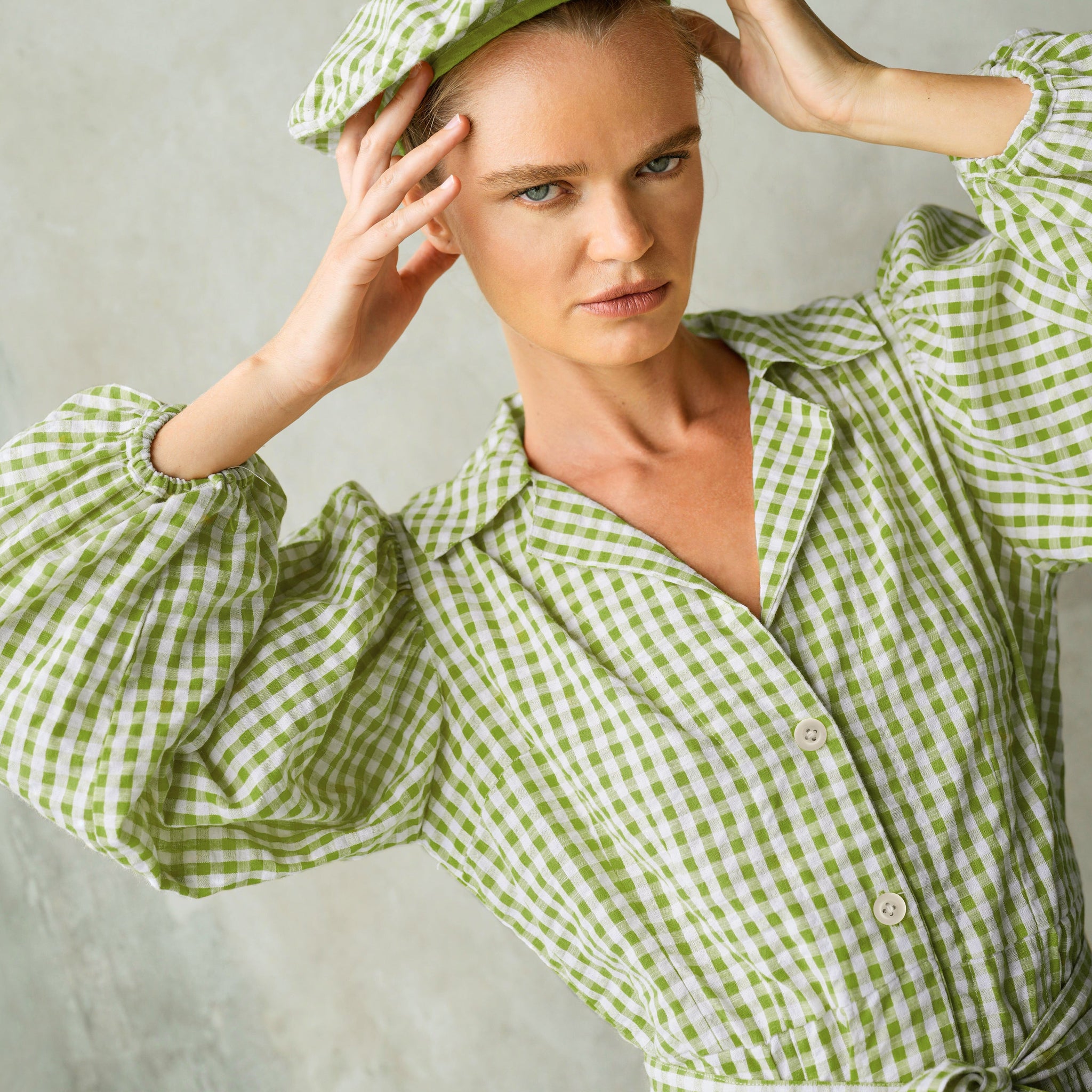 The Meghan Gingham Mini Dress in Olive Green