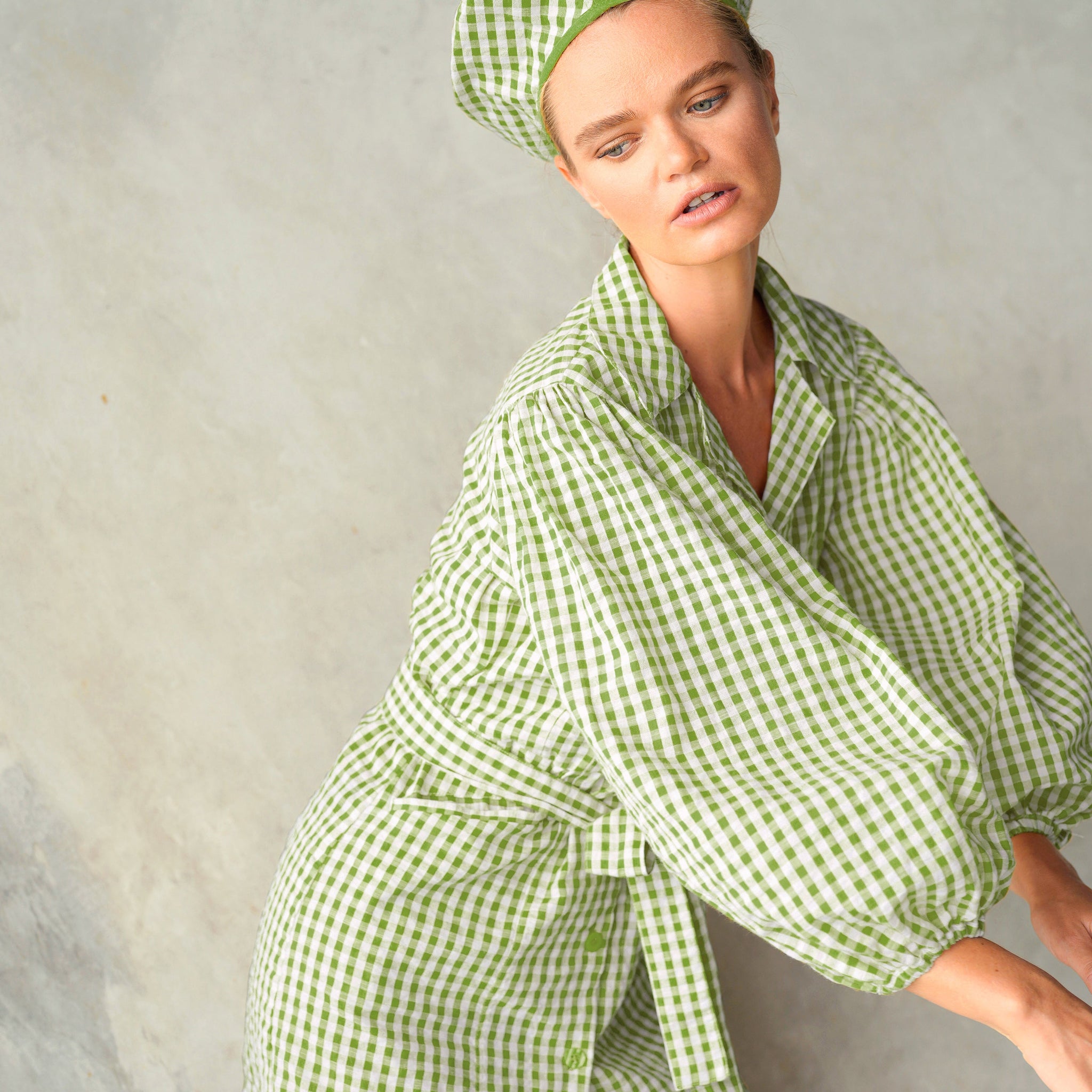The Meghan Gingham Mini Dress in Olive Green