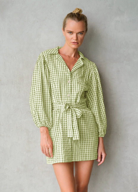 The Meghan Gingham Mini Dress in Olive Green