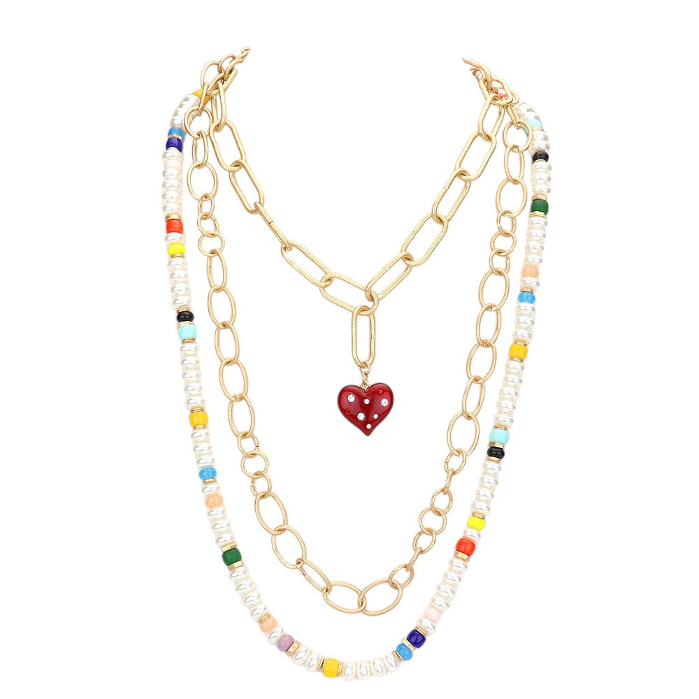 Heart Pendant Accented  Pearl Resin Beaded Triple Layered Necklace