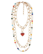 Heart Pendant Accented  Pearl Resin Beaded Triple Layered Necklace