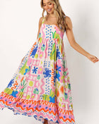 Printed shrinkage pleated splicing long suspender dress positioning flower pendulum skirt