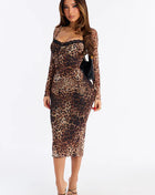 Leopard print contrasting lace low-cut tether slim-fitting sexy dress