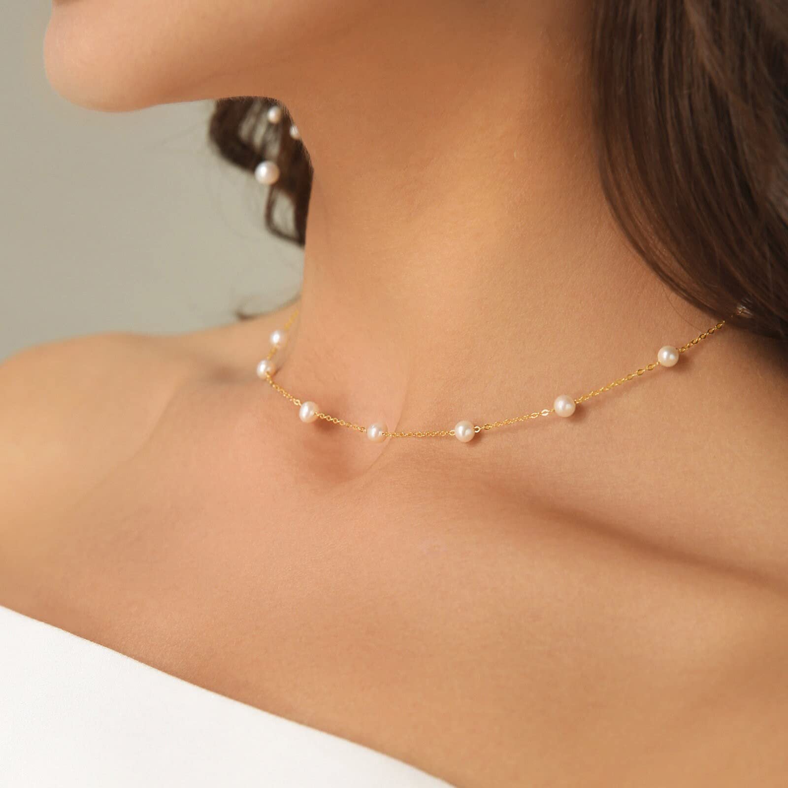 14K Gold Plated Herringbone Choker Necklace - Dainty Thin Snake Chain Layered Jewelry for Women