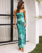 Satin Halter Backless Slit Midi Dress - Print High Neck Elastic Waist Wedding Guest Dress
