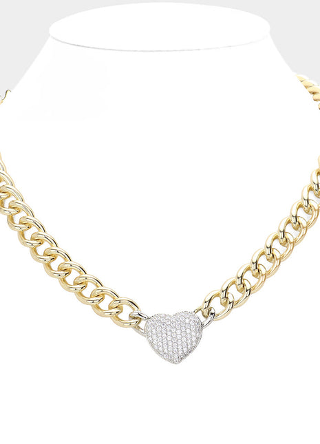 CZ Stone Paved Heart Pendant Toggle Necklace