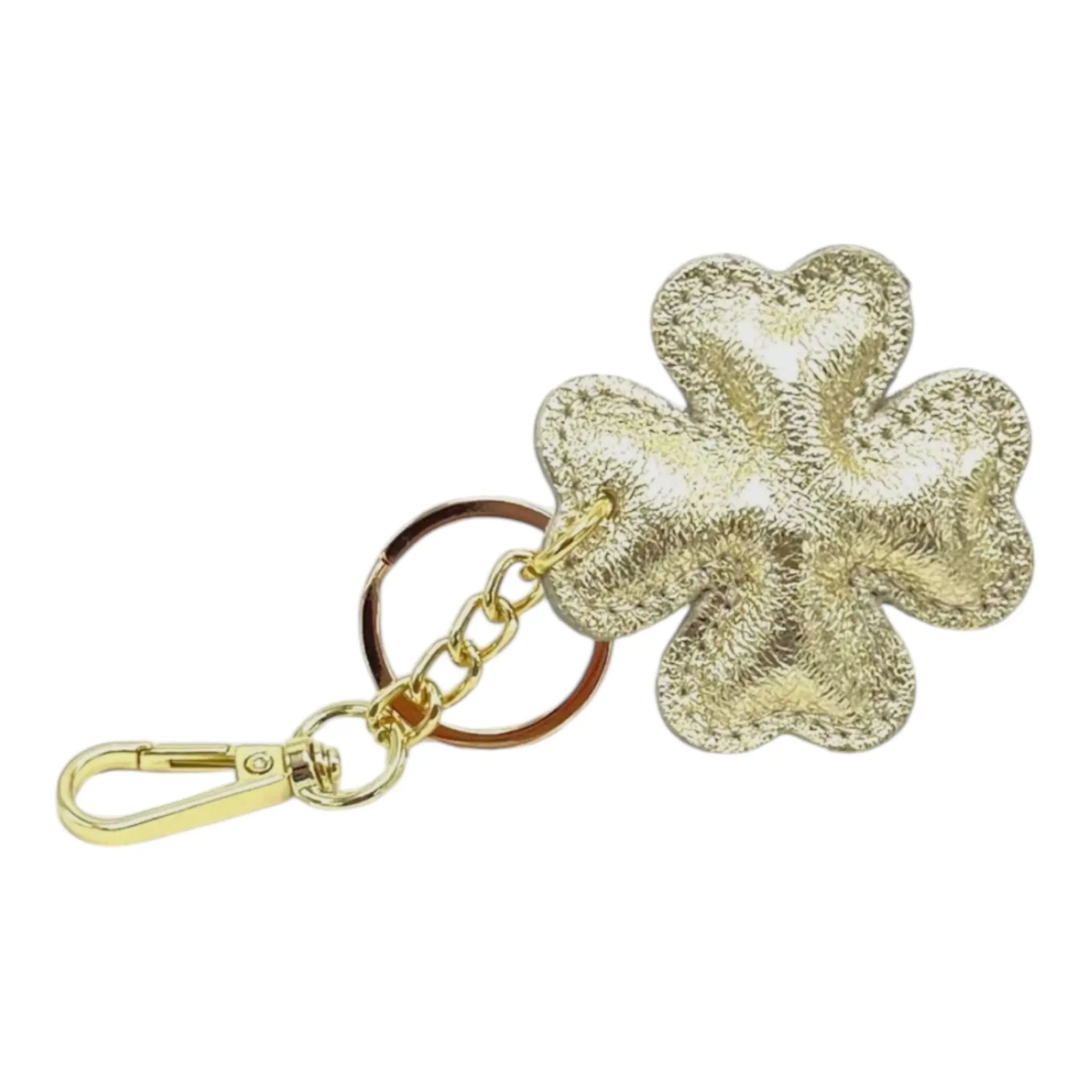 LEATHER CLOVER HANDBAG CHARM Metallic Gold thebagicon