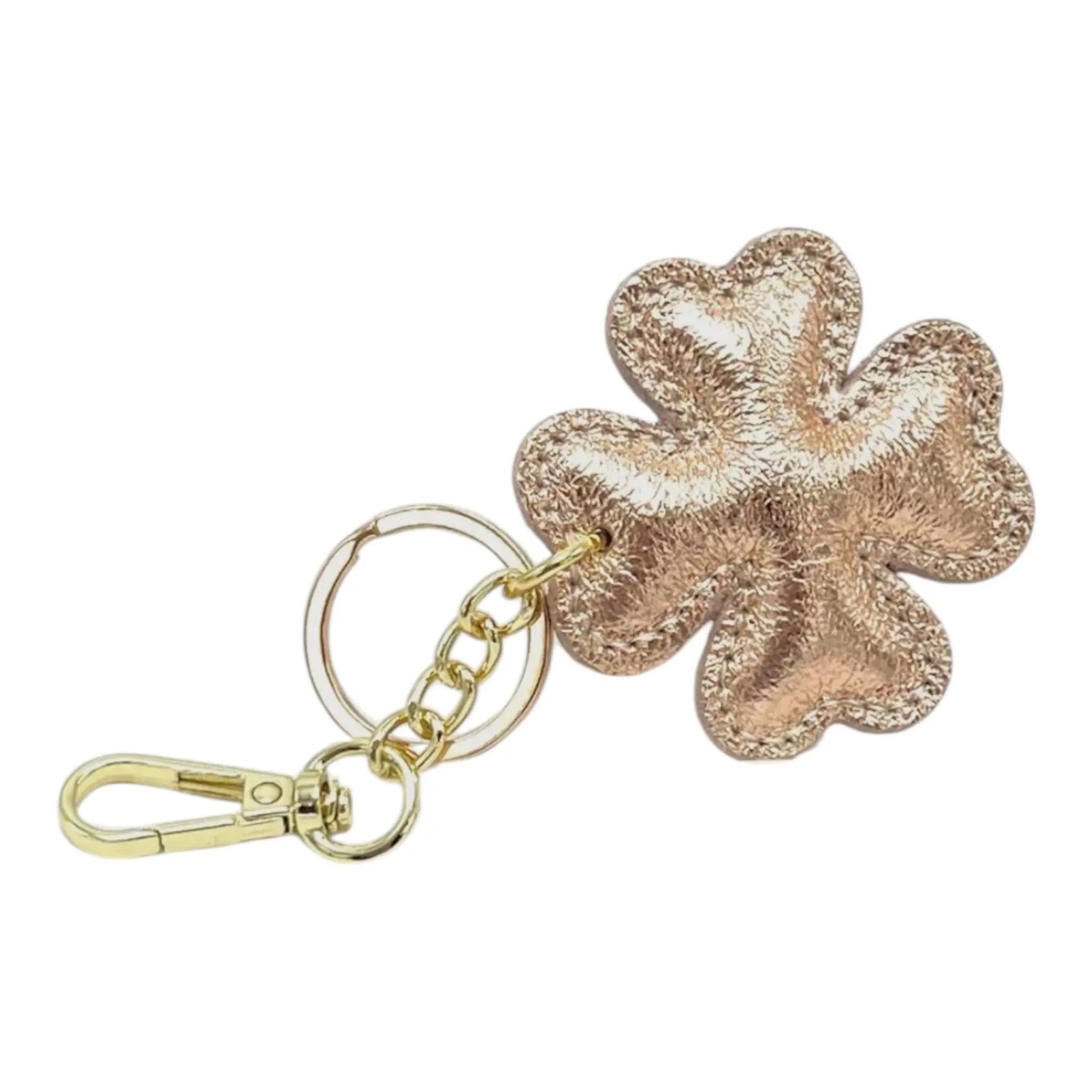 LEATHER CLOVER HANDBAG CHARM Metallic Rose Gold thebagicon