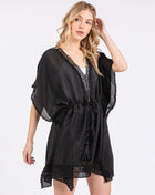 Crochet Trim Front Drawstring Cover Up Poncho