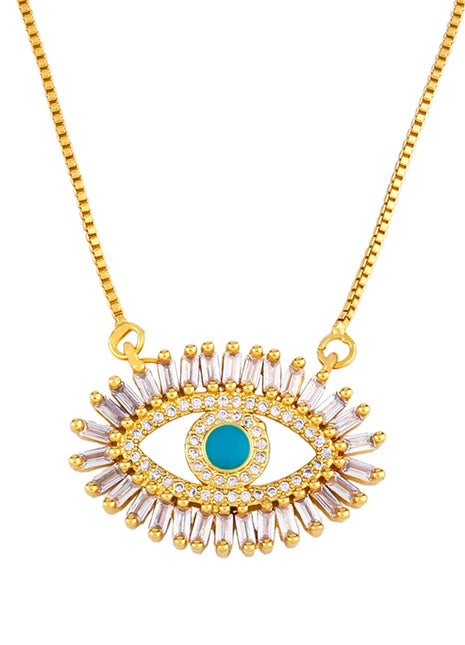 FLOLA Gold Cubic Zirconia Turkish Blue Eye Necklace Lucky Amulet
