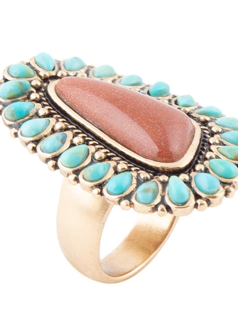 Ring with turquoise stones and a central brown stone on a white background