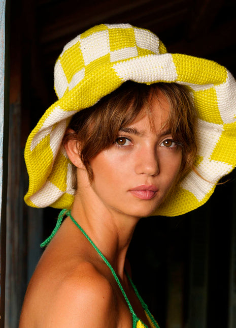 The Shilo Crochet Hat In Lime Green & White
