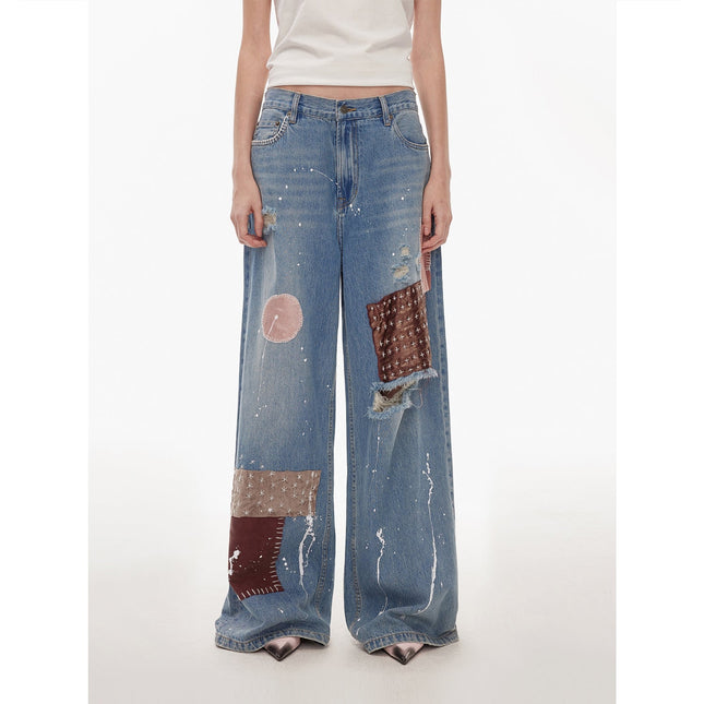 The Uninhibited Splicing Mid-Low Waist Patch n Paint Wide-Leg Jeans