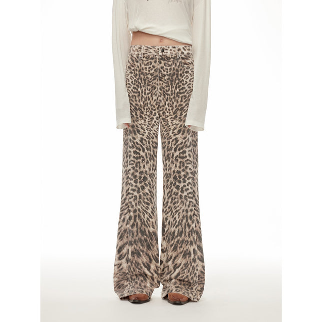 “Wild Roar”vintage Original Leopard Print Washed Slimming Straight Bootcut Jeans