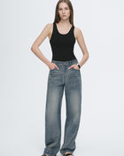 Vintage Heavy Cotton Blend Washed Comfortable Slim Front Curved Jeans