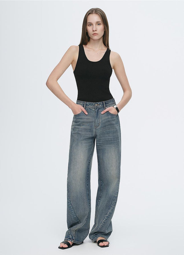 Vintage Heavy Cotton Blend Washed Comfortable Slim Front Curved Jeans