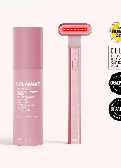 4-in-1 Red Light Therapy Wand & Activating Serum Kit Rose Gold Skincare Tools Solawave