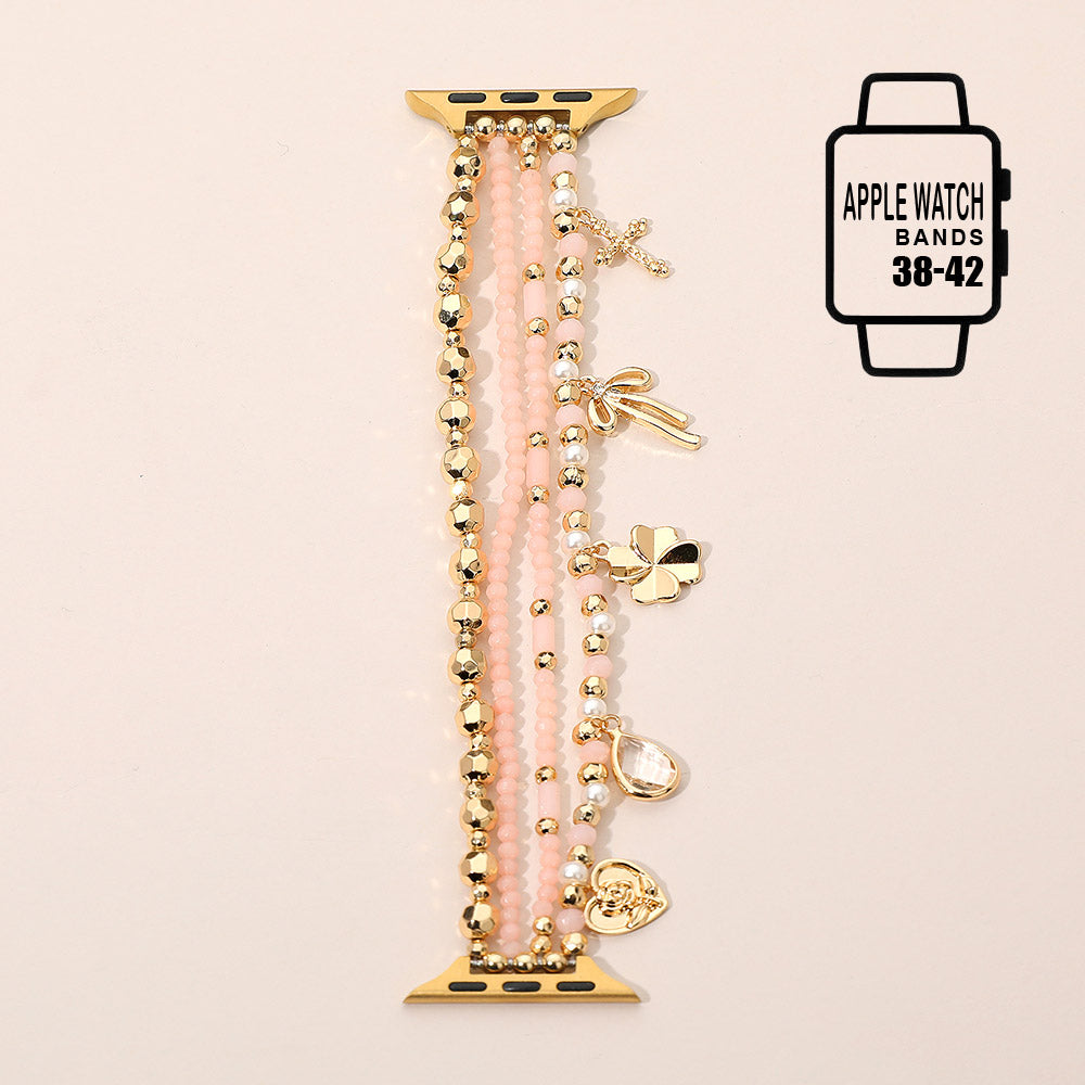 Bow Clover Heart Cross Charm Dangle Floral Ceramic Ball Pearl Beaded Multi Layered Apple Watch Band