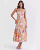 Sweet and spicy wind suspender solid color A pendulum floral dress women