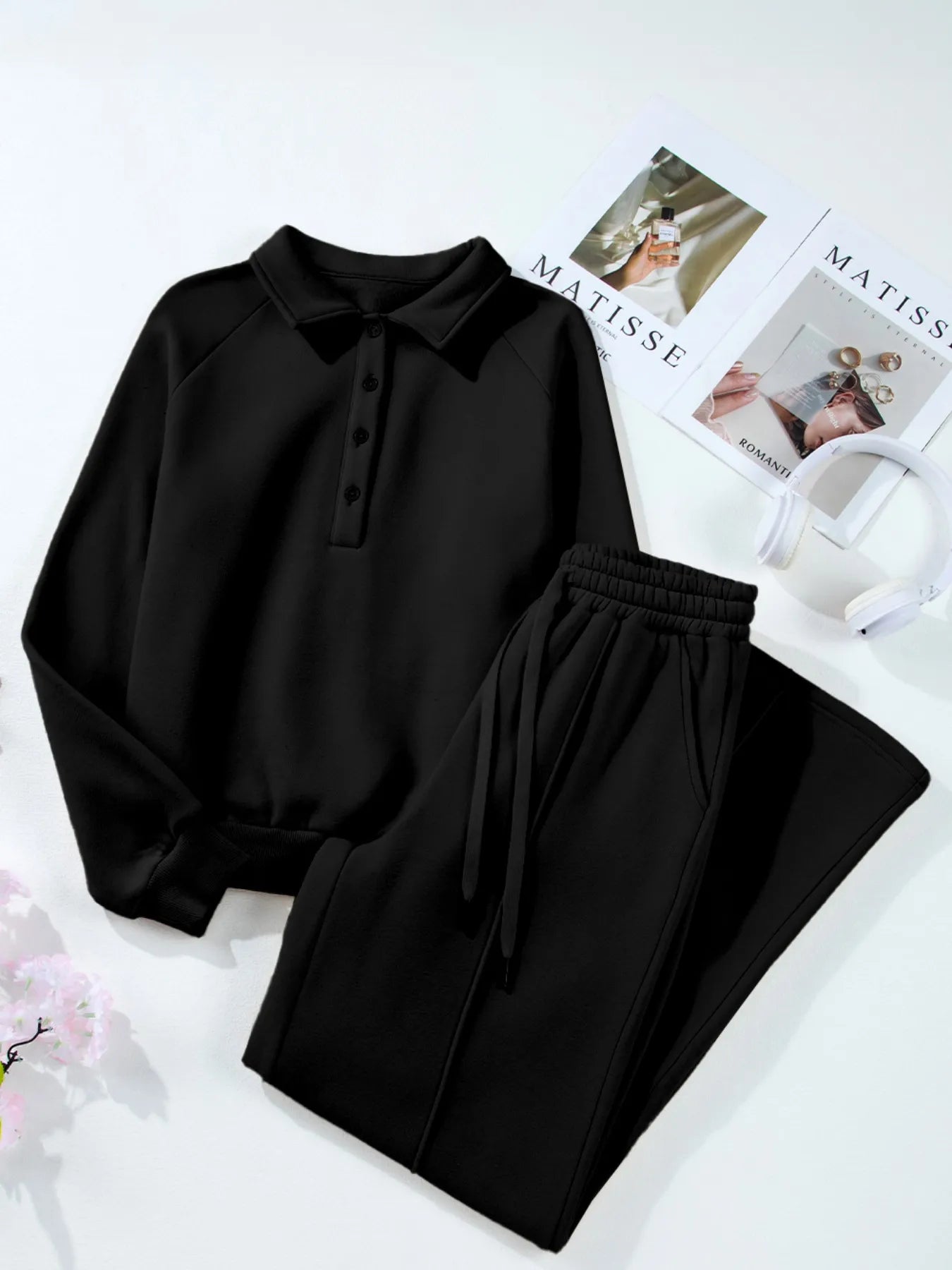 Cotton Blend Collared Sweatshirt Wide Leg Sweatpants Set Trendsi