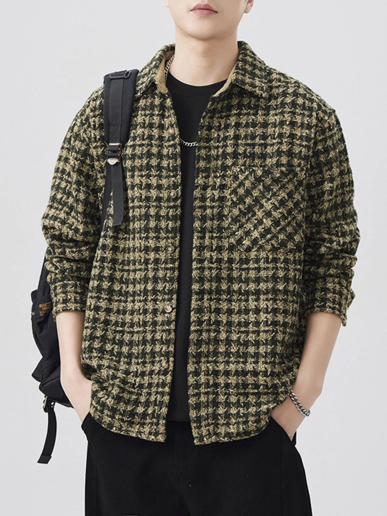 Mens Lattice Pattern Cotton Blend Shacket overshirt Trendsi