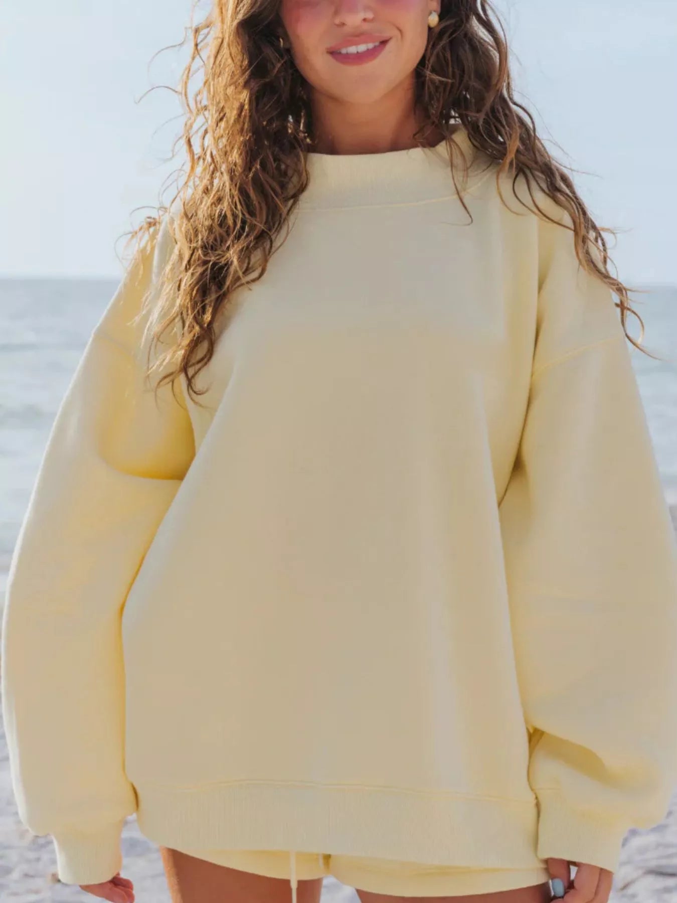 Relaxed Fit Round Neck Sweatshirt and Shorts Set Trendsi