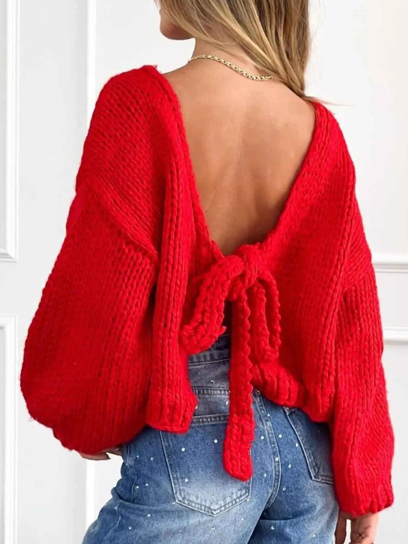 Tied Drop Shoulder Cardigan Red Knitwear Trendsi