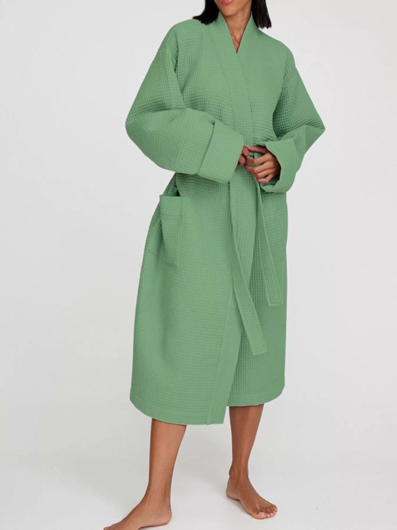 Waffle Knit Tie Waist Lounge Nightgown Green Trendsi