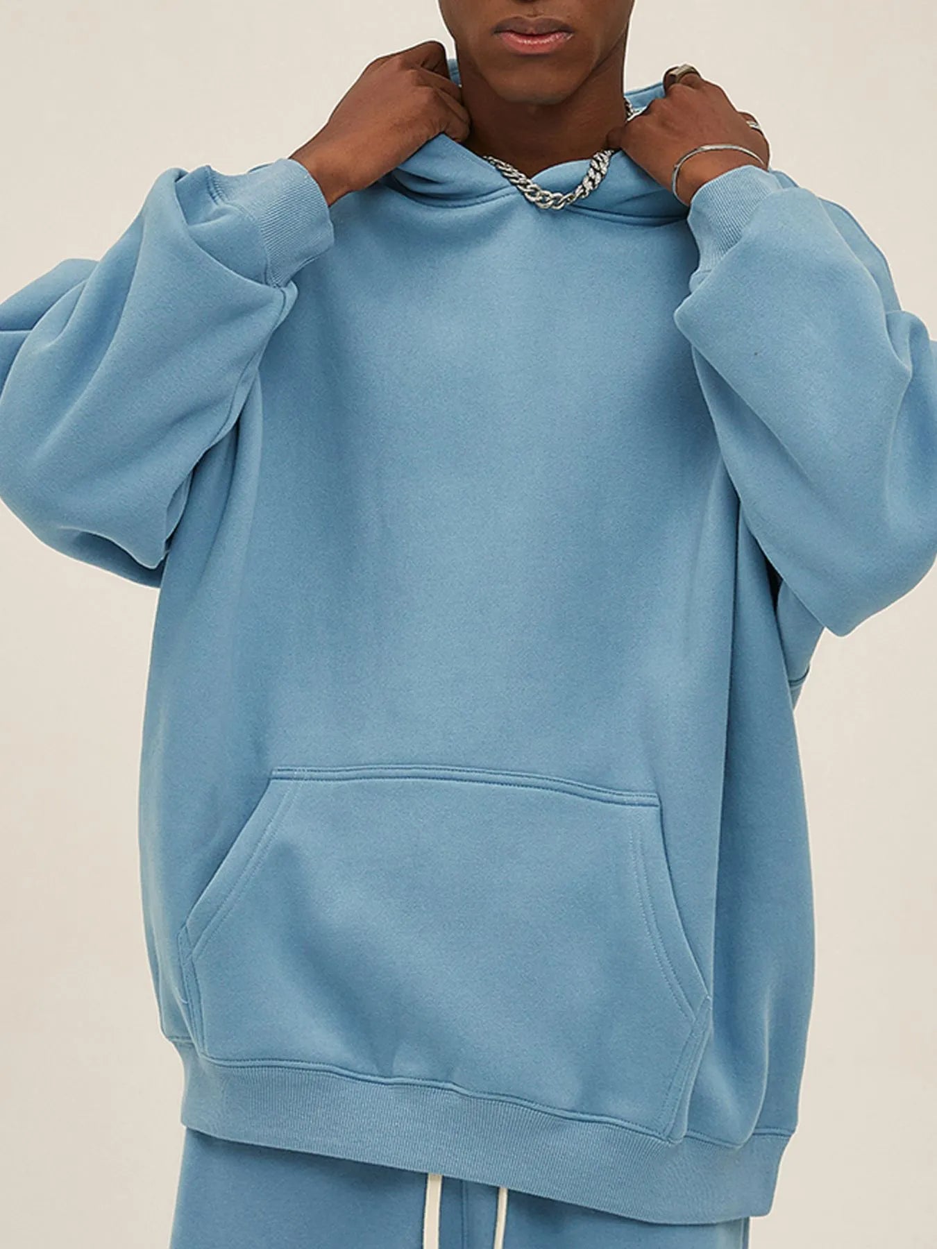 Mens Oversized Cotton Blend Pocket Hoodie Light Blue Trendsi