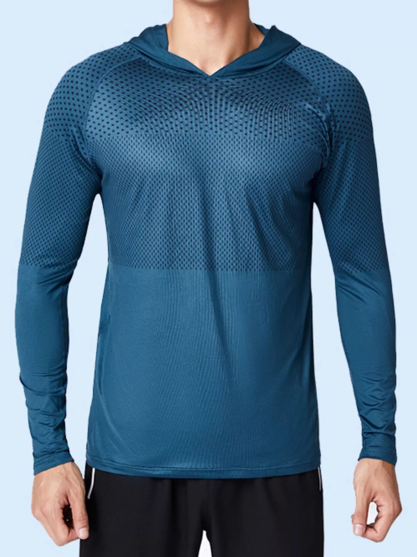 Men's Breathable Long Sleeve Hooded Active Shirt Blue Fitness Trendsi